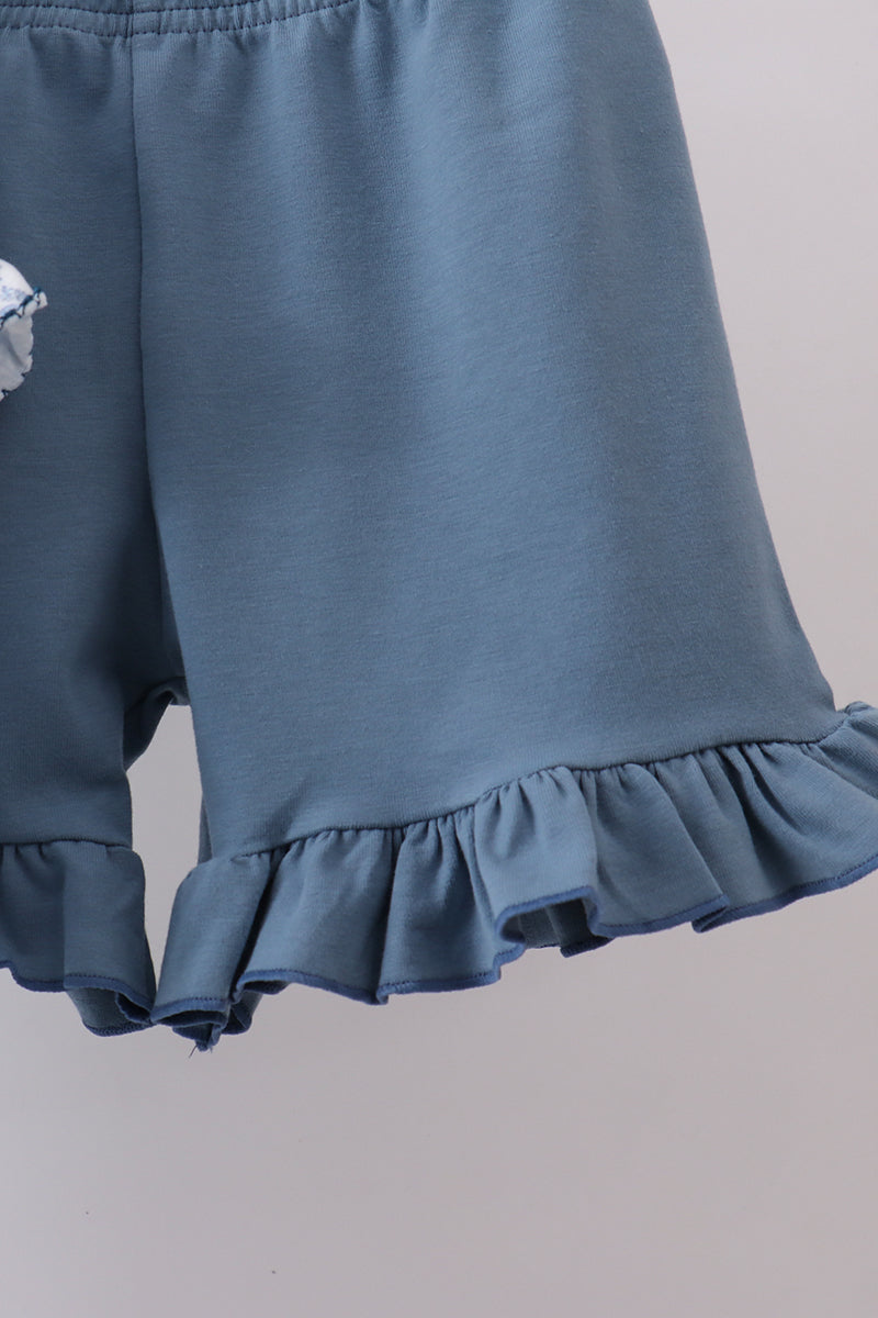 Navy bunny embroidery floral peter pan collar shorts set