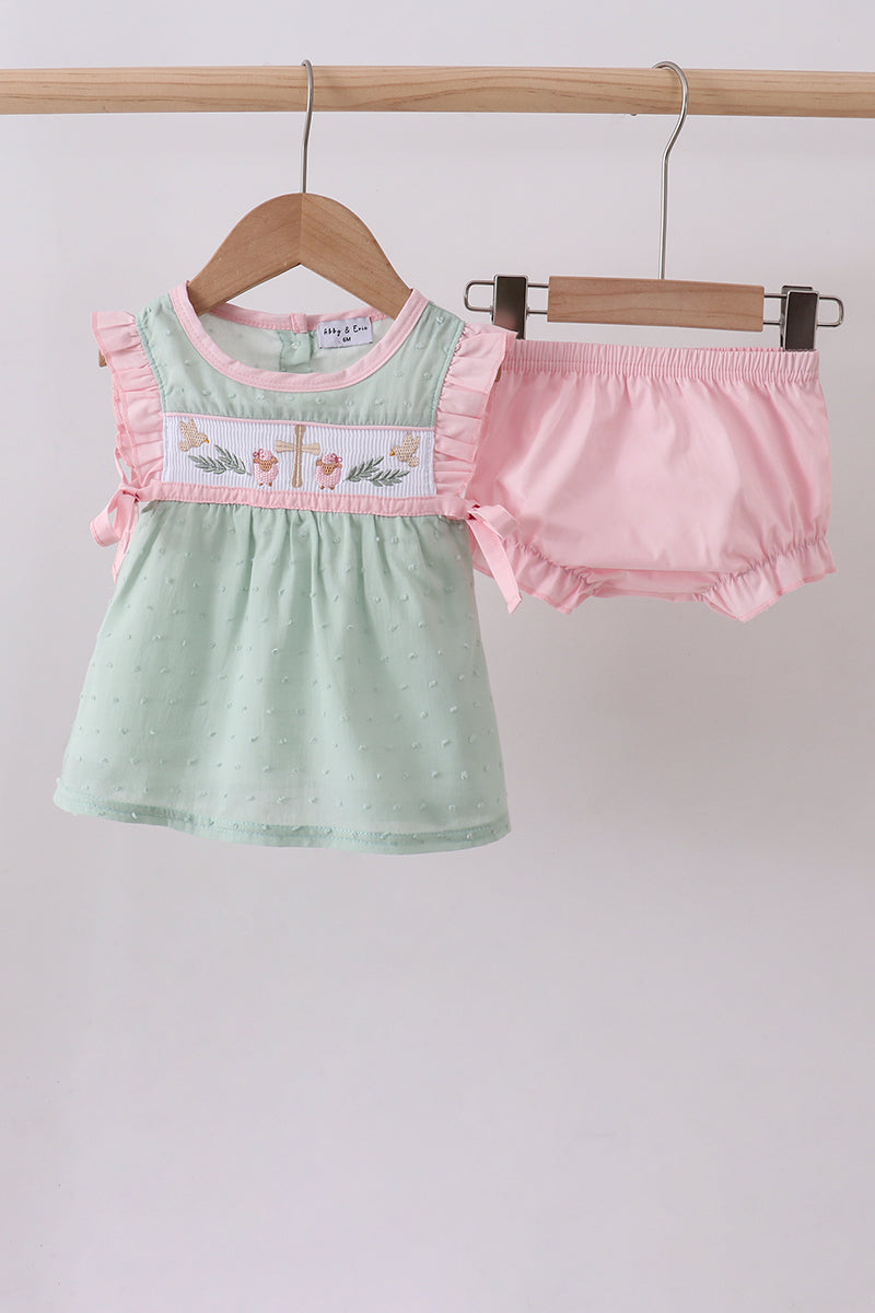 Green swiss dot cross sheep ruffle bloomer set