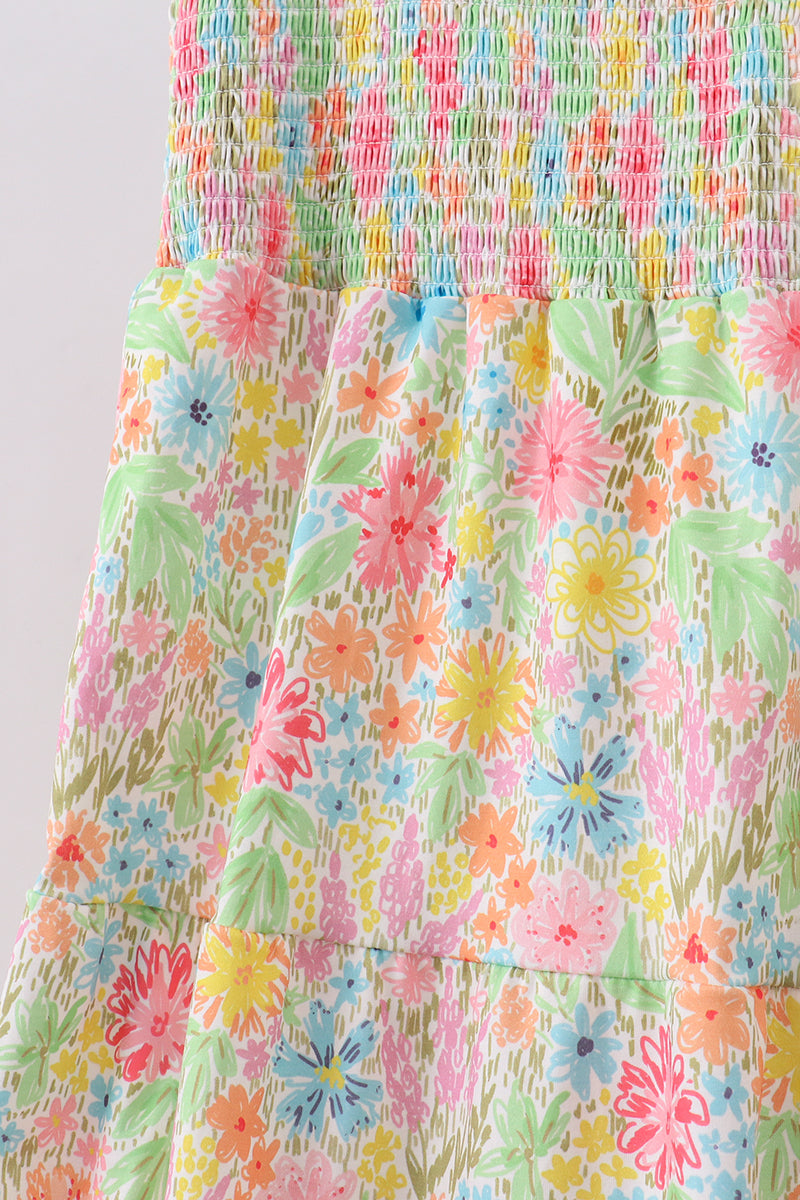 Pink floral smocked tiered dress