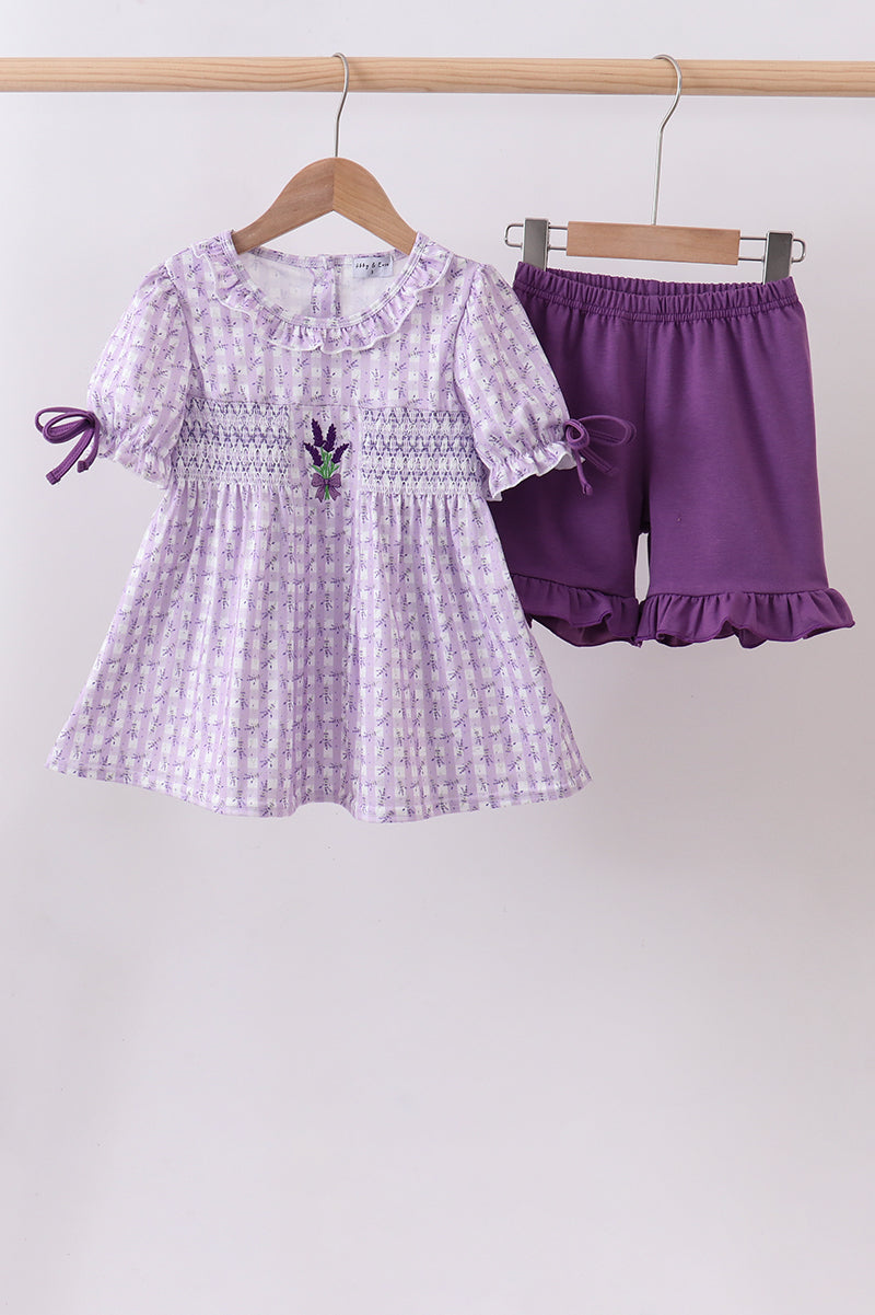 Lavender floral smocked ruffle shorts set
