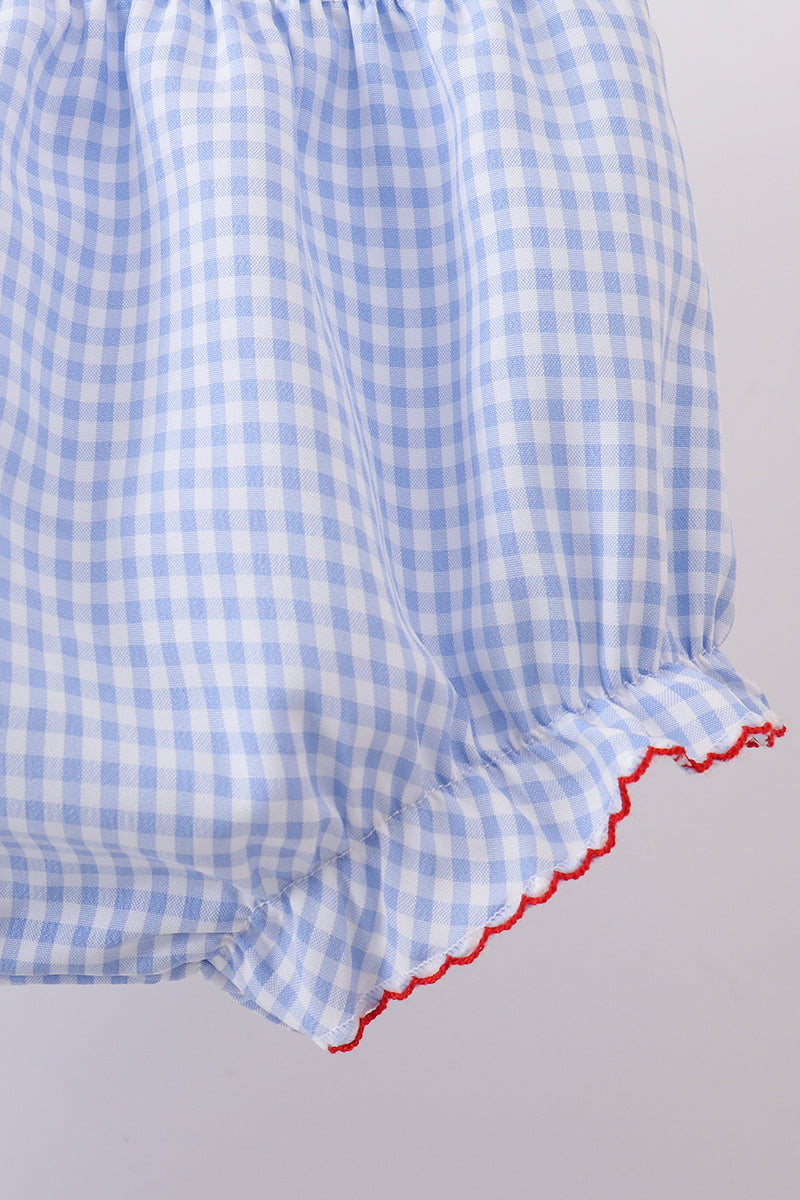 Blue flag smocked woven gingham bloomer set