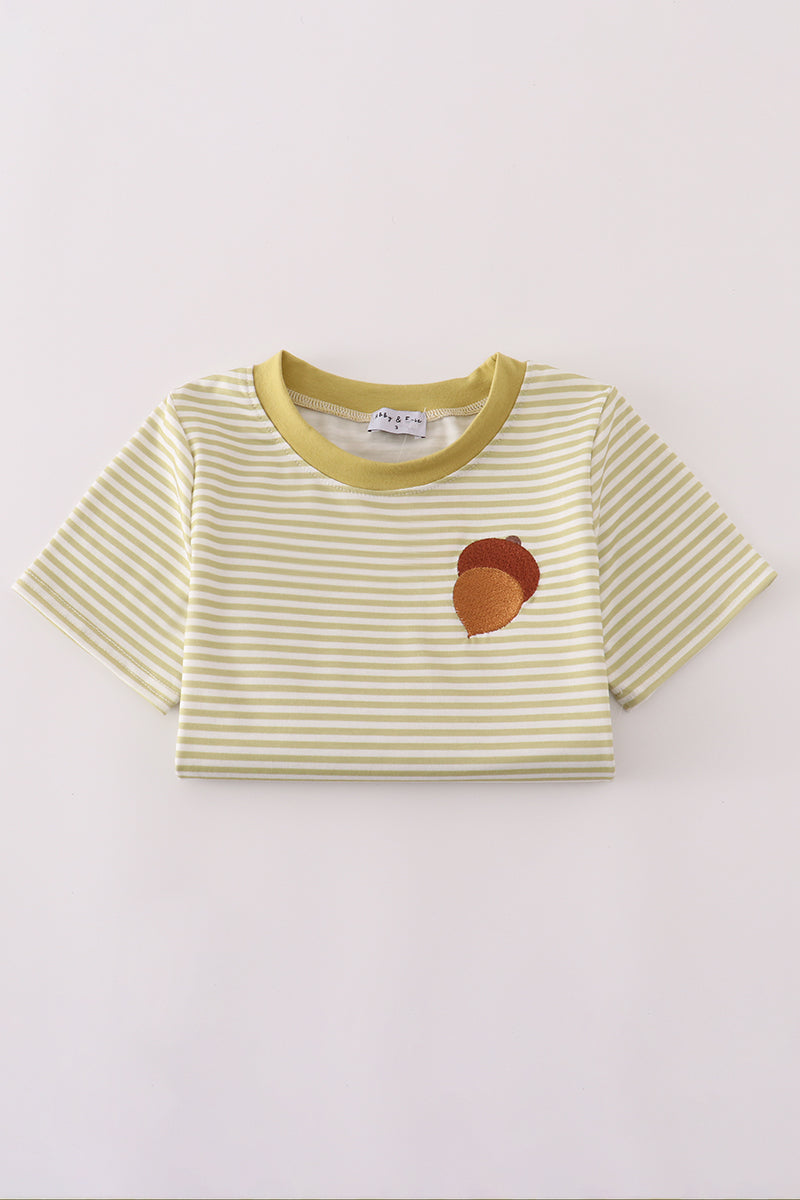 Green pinecone embroidery stripe top