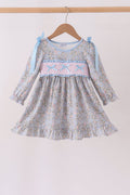 Blue Floral Bow Smocked Ruffle Dress