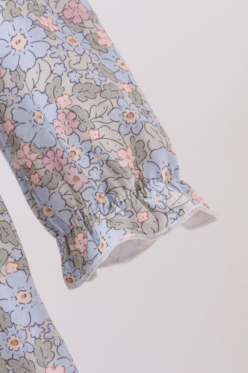Blue Floral Bow Smocked Ruffle Dress