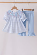 Blue ghost embroidery gingham ruffle pants set