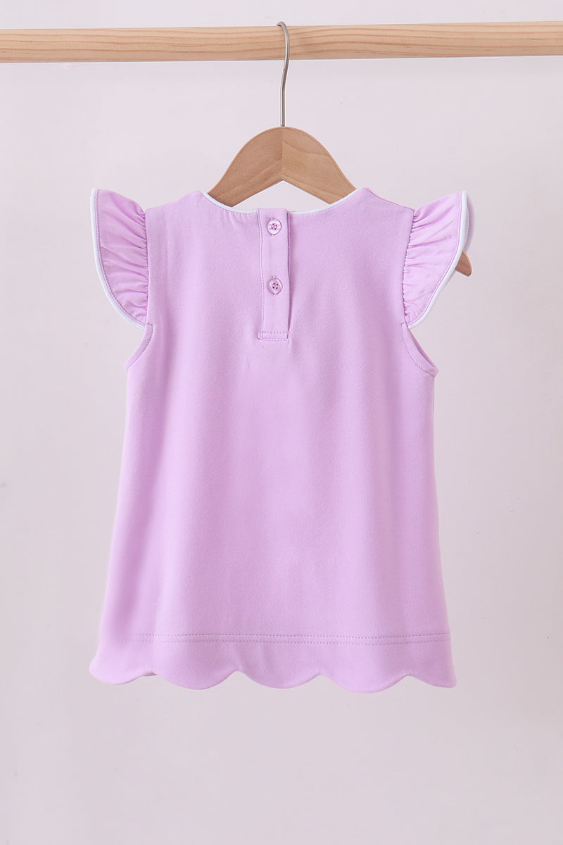 Purple flutter sleeve scalloped top