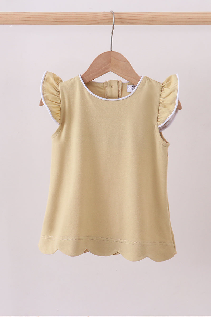 Khaki flutter sleeve scalloped top