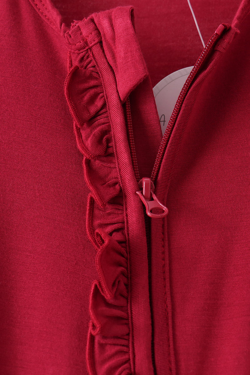 Burgundy ruffle zipper bamboo romper