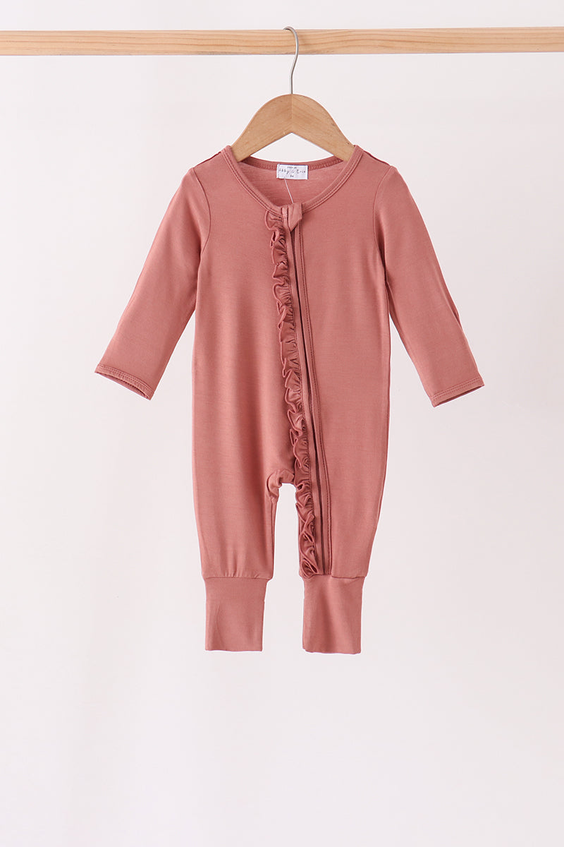 Dusty rose ruffle zipper bamboo romper