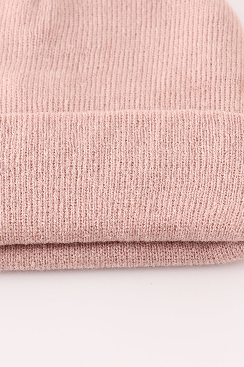 Pink ribbed basic knit beanie hat