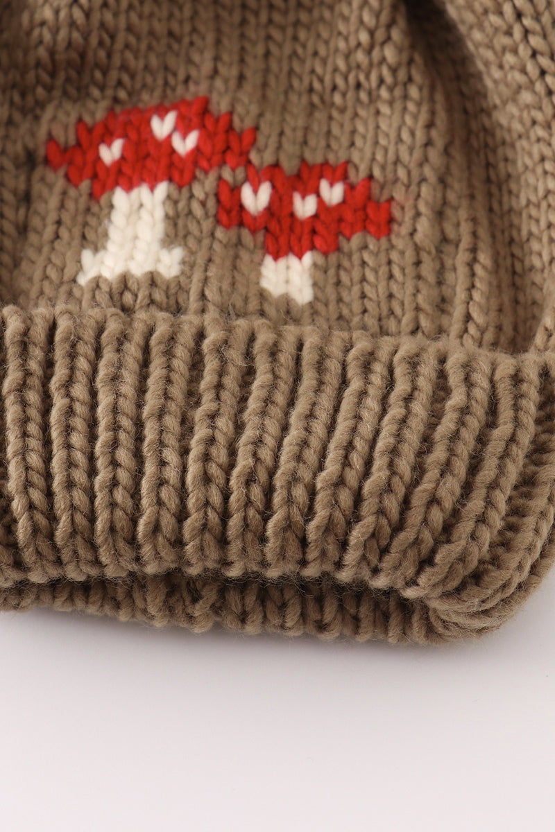 Brown pompom mushroom cable beanie hat