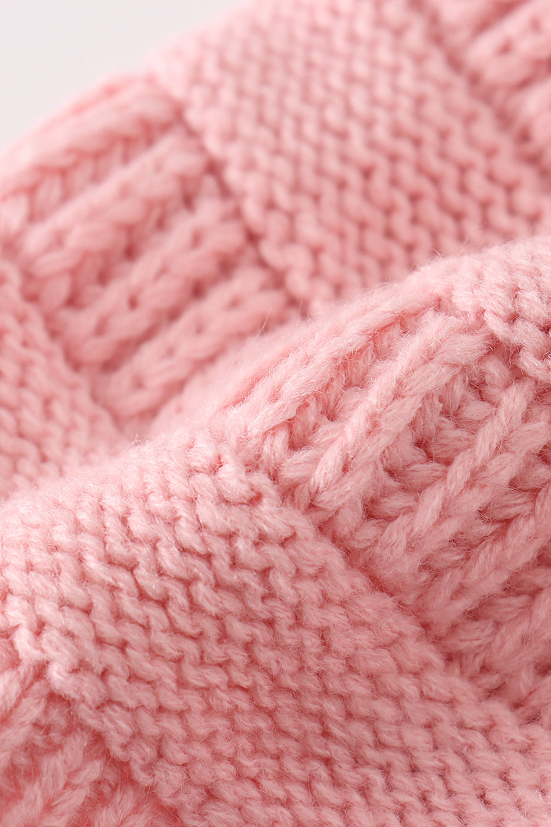 Pink pompom cable beanie hat