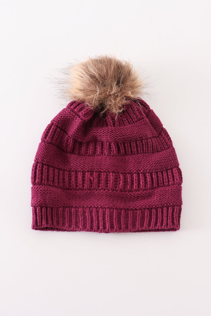 Violet pompom cable beanie hat