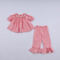 Red christmas santa claus hand smocked plaid ruffle pants set