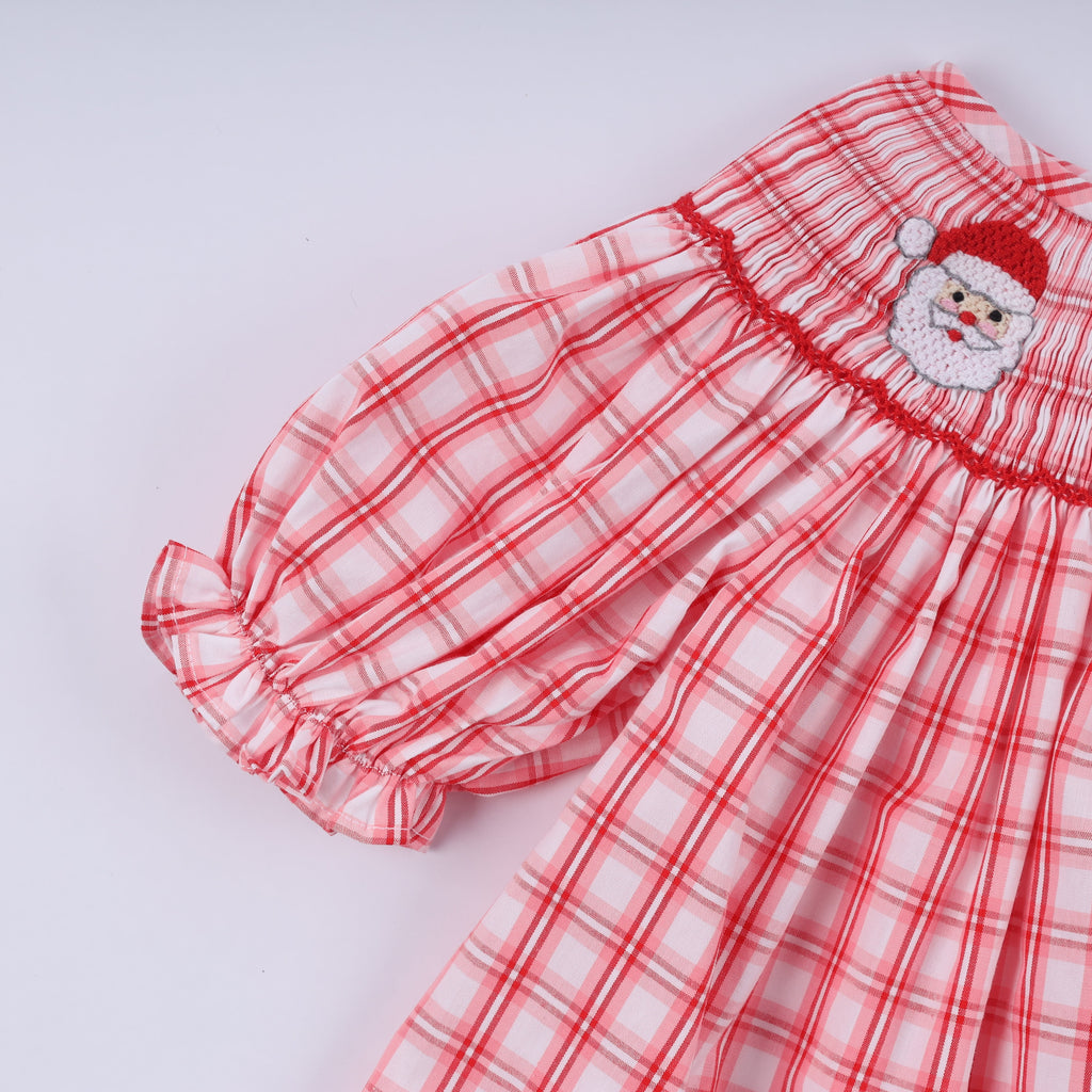 Red christmas santa claus hand smocked plaid ruffle pants set