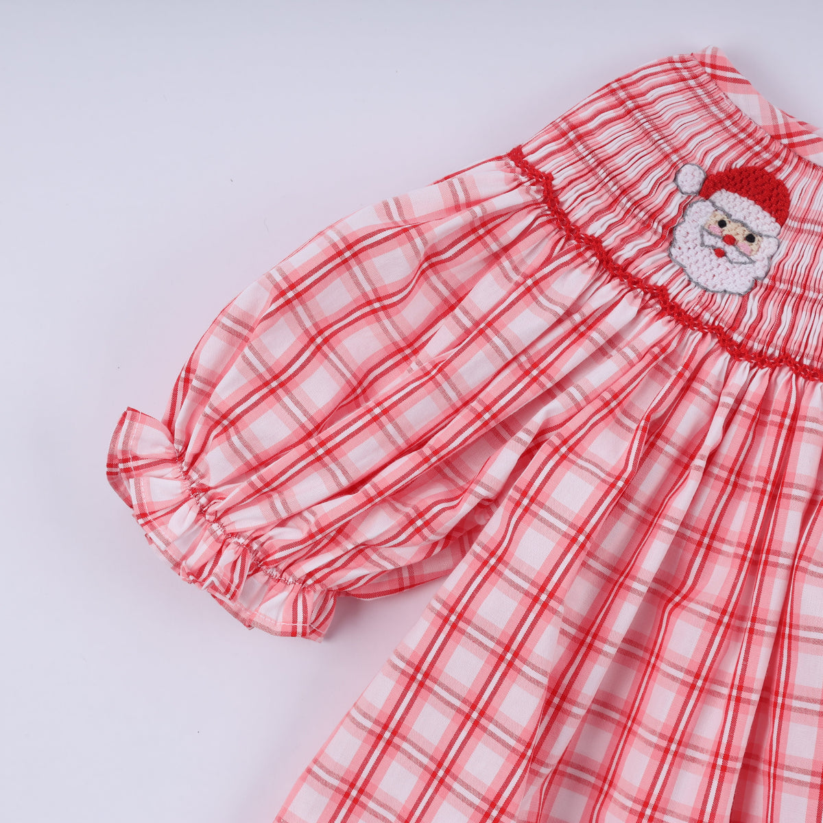 Red christmas santa claus hand smocked plaid ruffle pants set