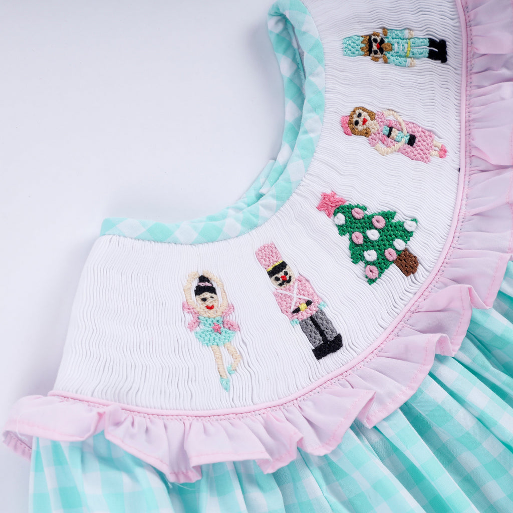 Mint christmas nutcracker hand smocked gingham ruffle pants set