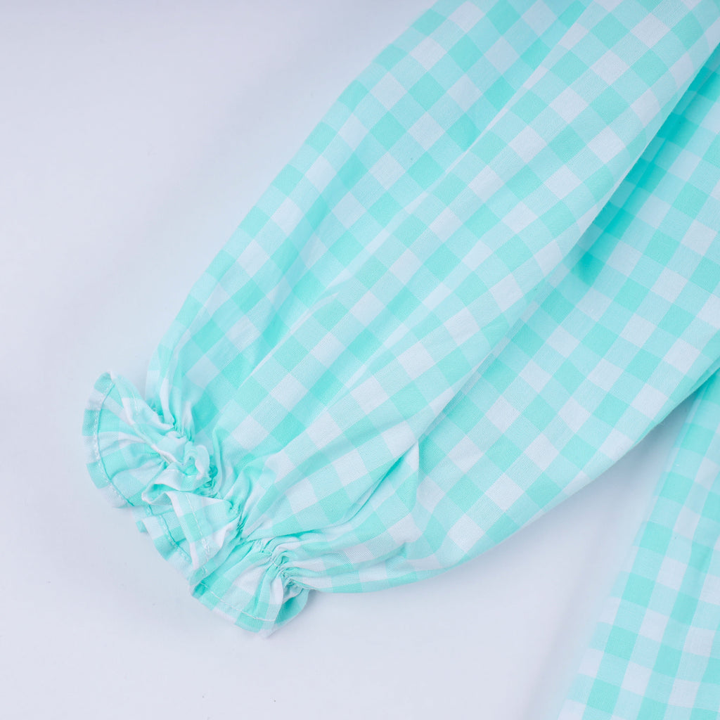 Mint christmas nutcracker hand smocked gingham ruffle pants set