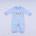 Blue gingerbread hand smocked gingham romper