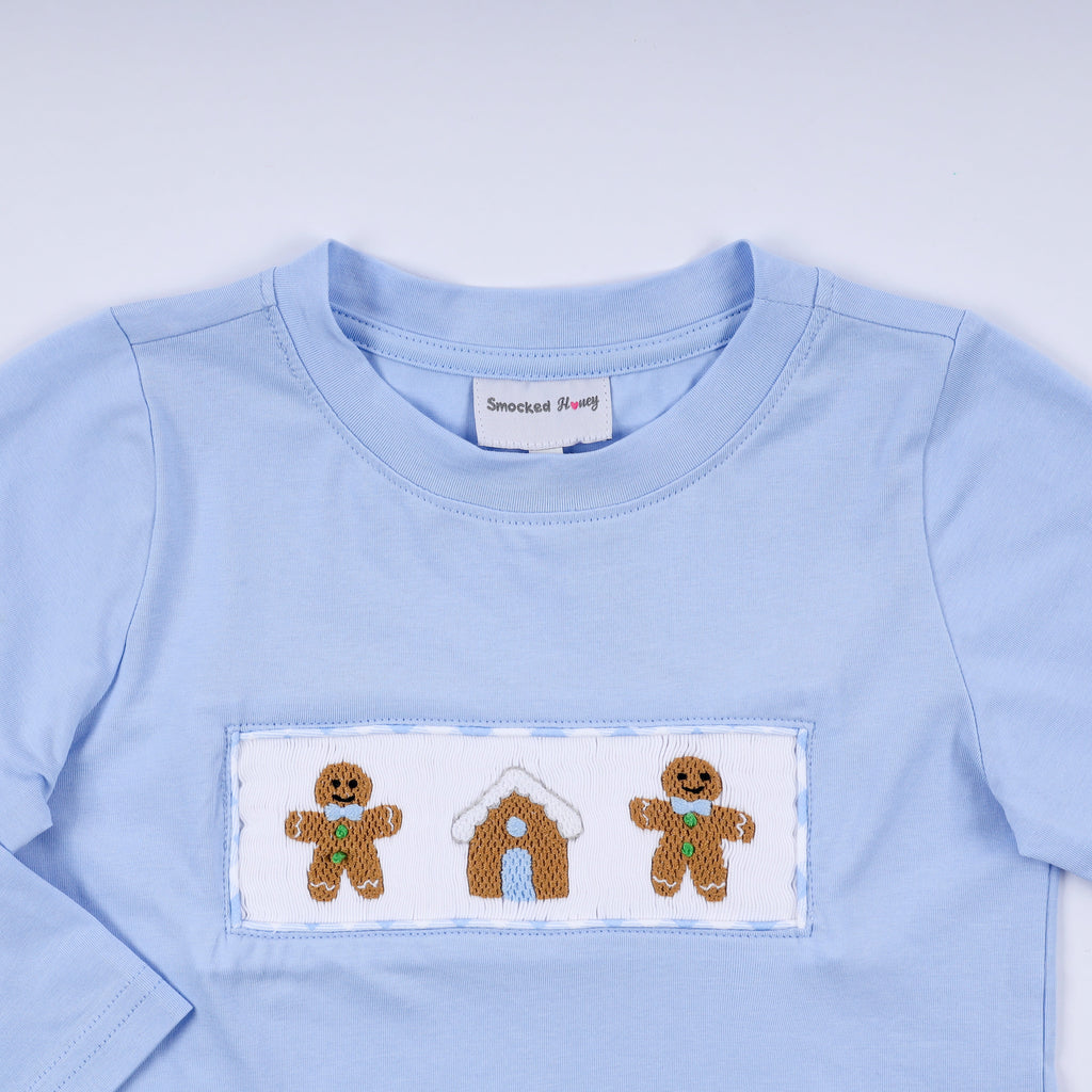 Blue gingerbread hand smocked gingham pants set