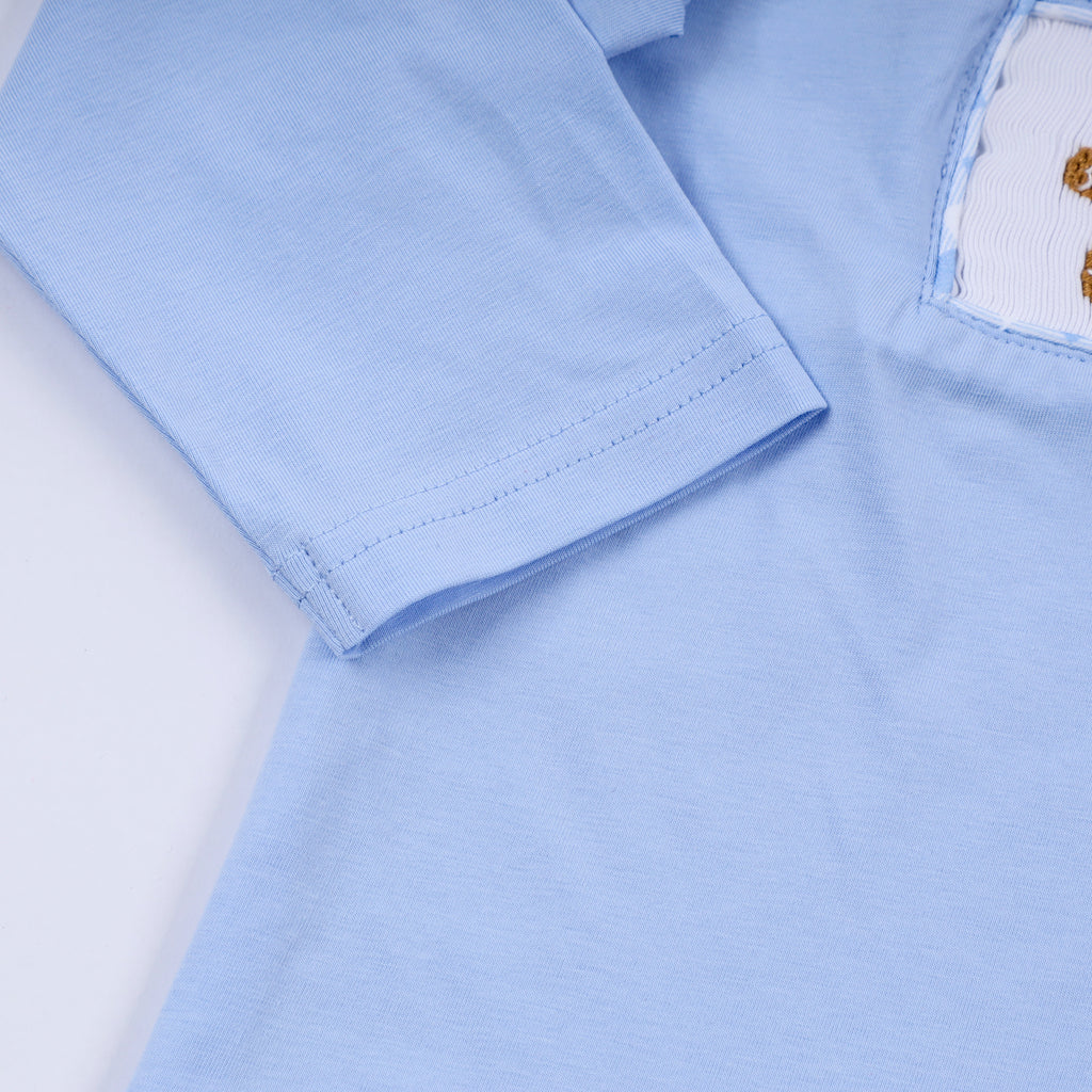 Blue gingerbread hand smocked gingham pants set