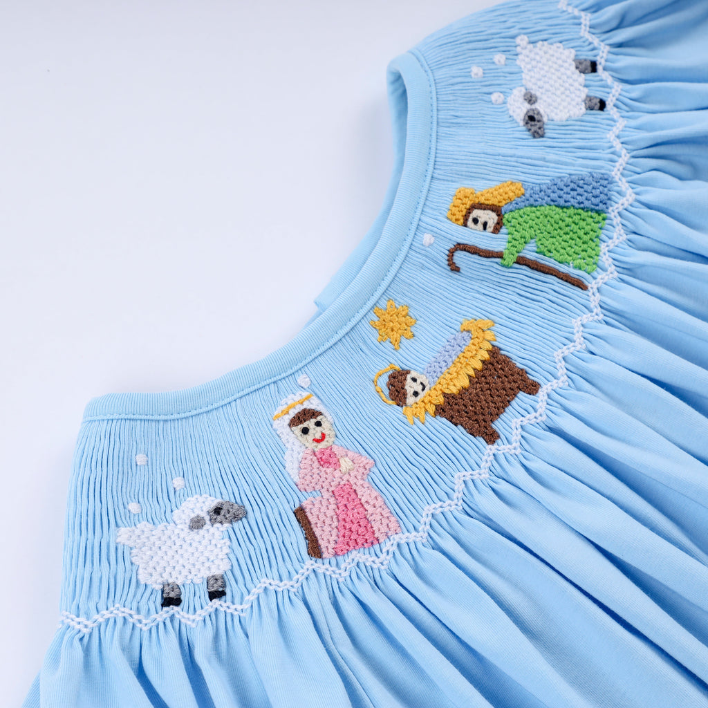Blue nativity hand smocked ruffle pants set