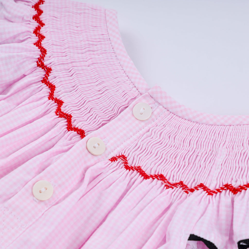 Red character hand smocked plaid ruffle bubble