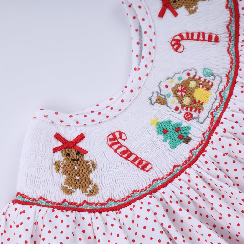 Red gingerbread hand smocked ruffle pants set