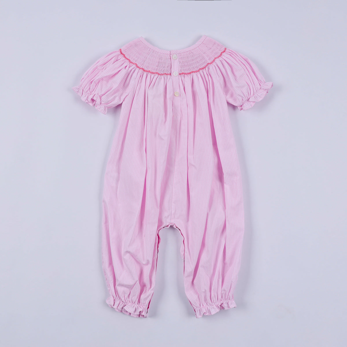 Pink christmas tree hand smocked ruffle romper