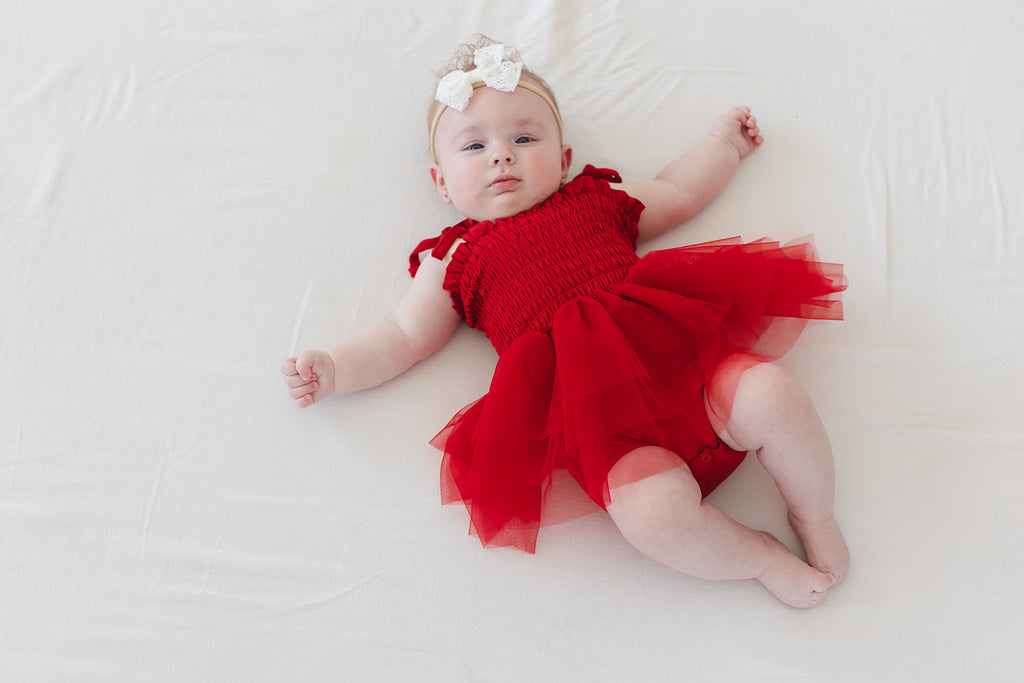 Crimson - Smocked Tulle Bodysuit Dress