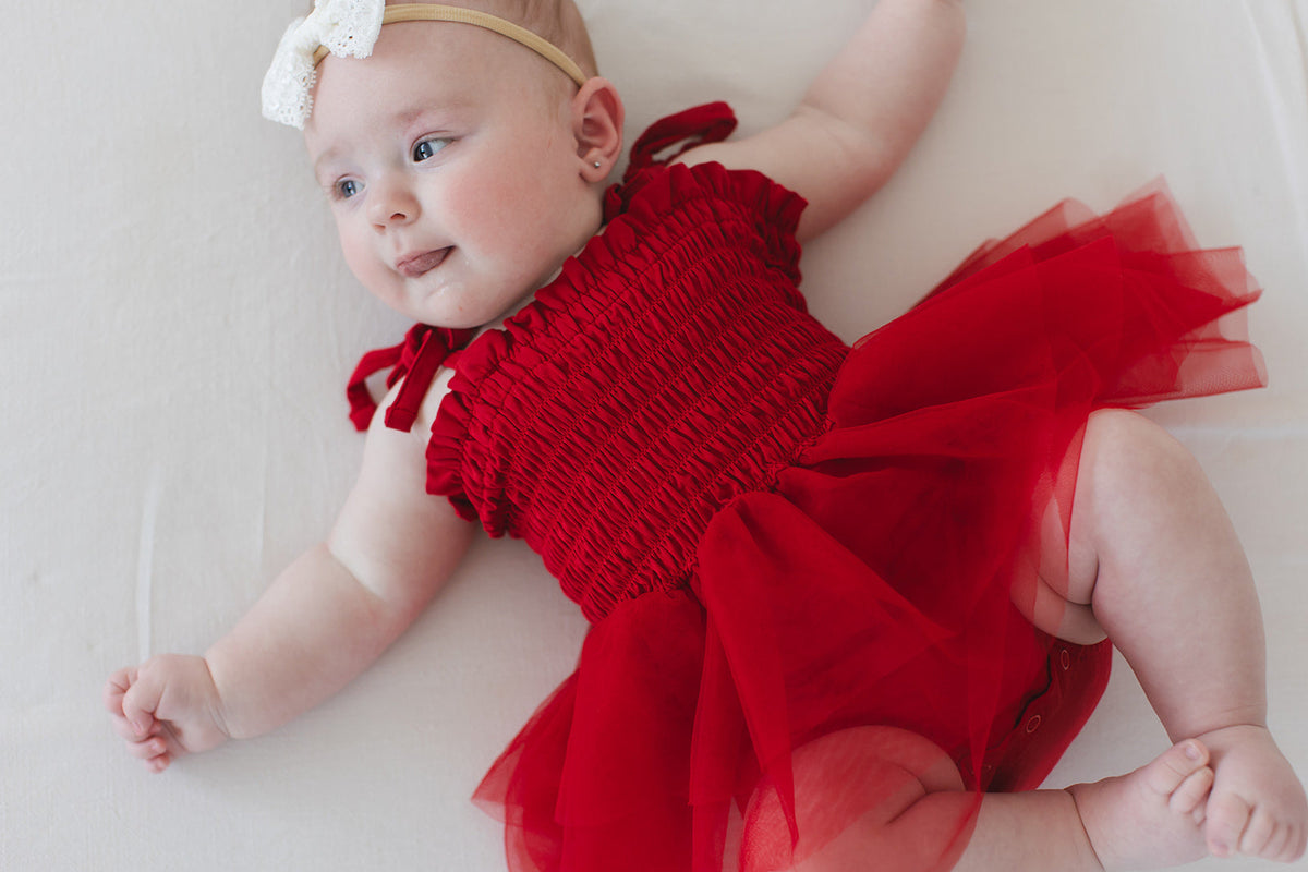 Crimson - Smocked Tulle Bodysuit Dress
