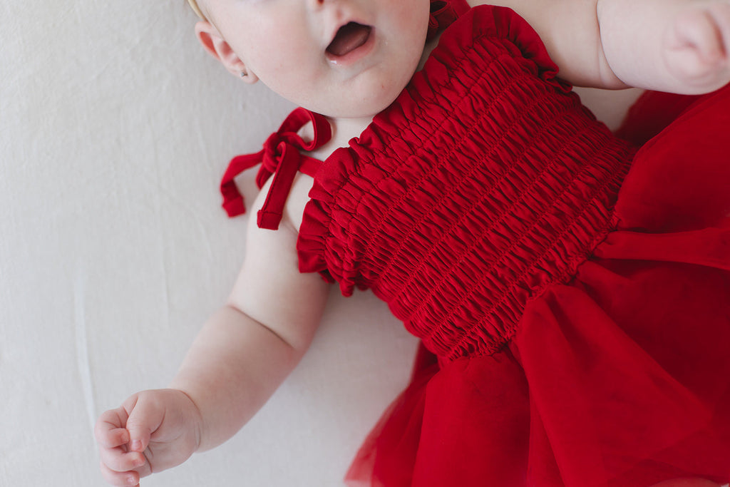 Crimson - Smocked Tulle Bodysuit Dress
