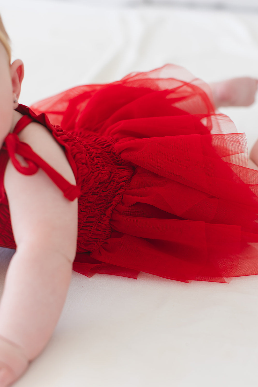 Crimson - Smocked Tulle Bodysuit Dress