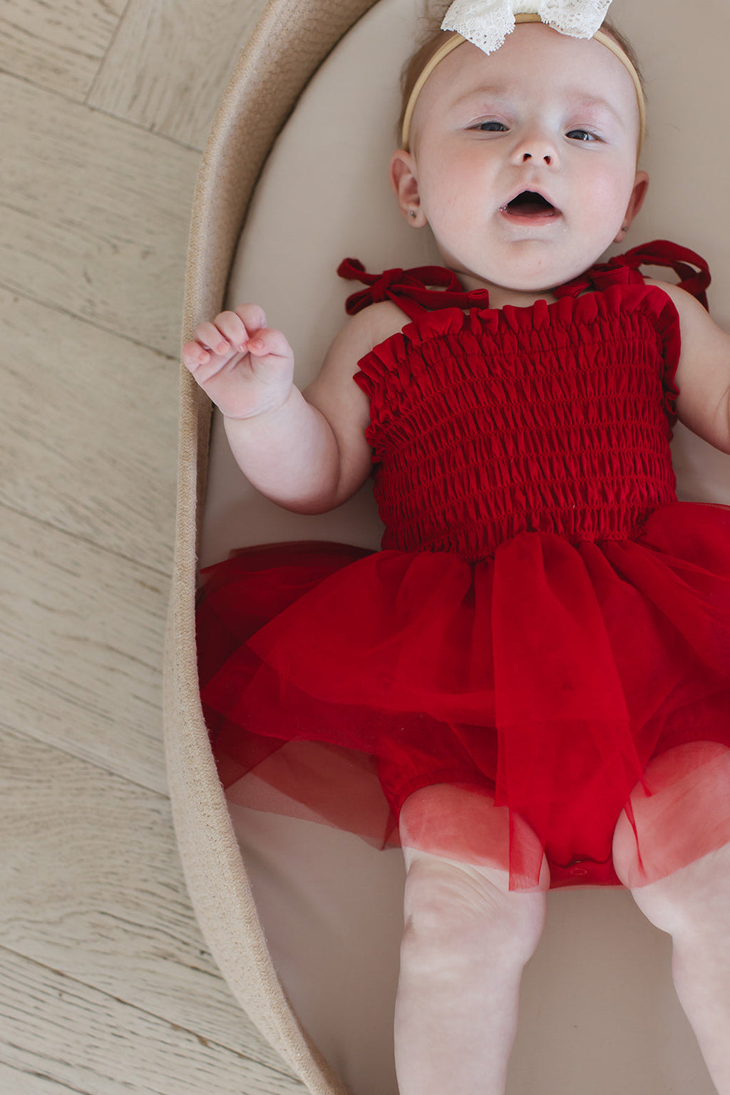 Crimson - Smocked Tulle Bodysuit Dress