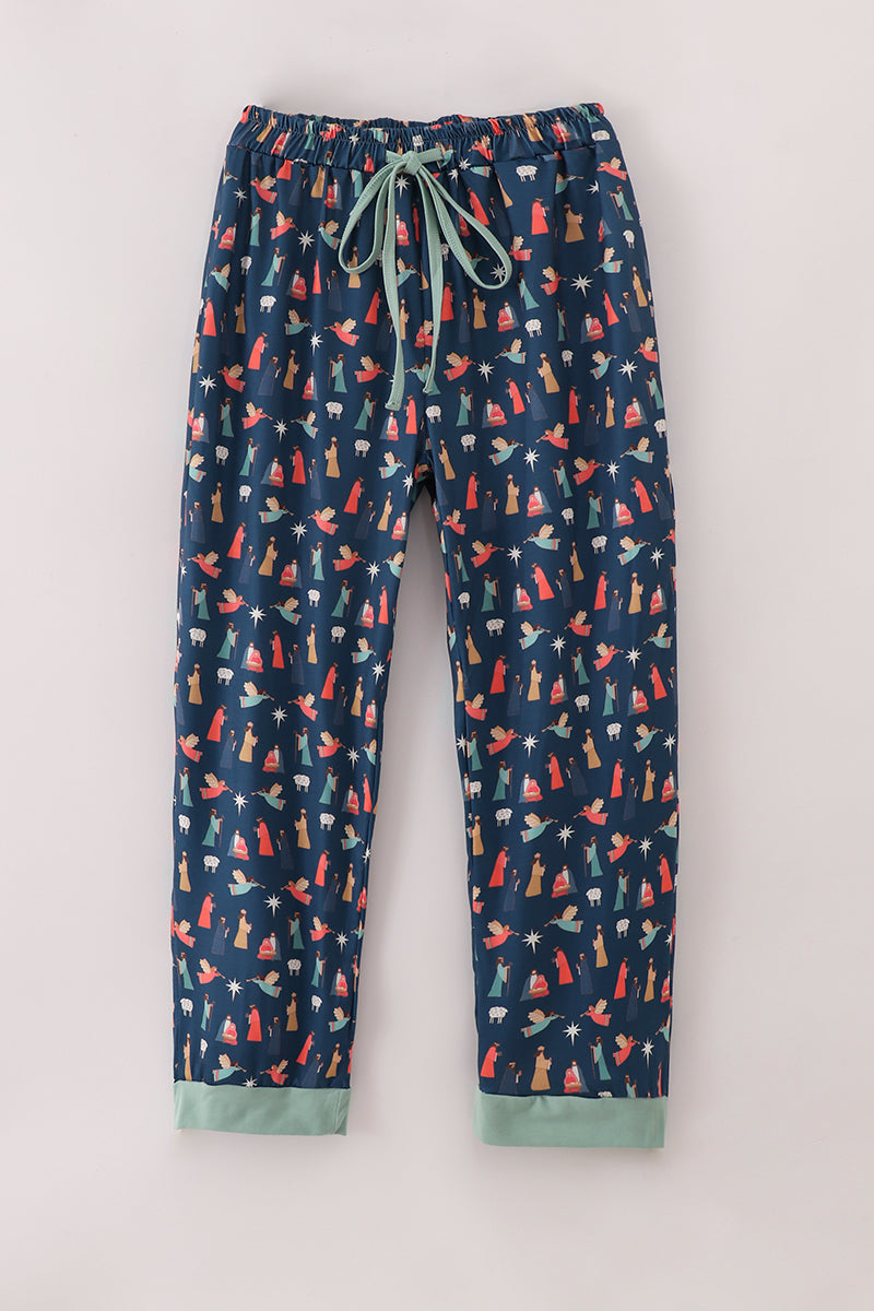Navy nativity print mom pajamas pants