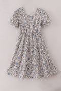 Blue vintage floral print tiered mom dress