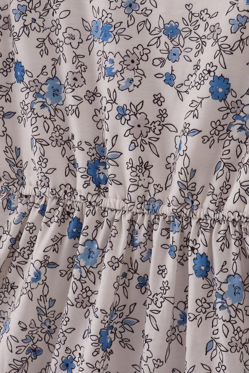 Blue vintage floral print tiered mom dress