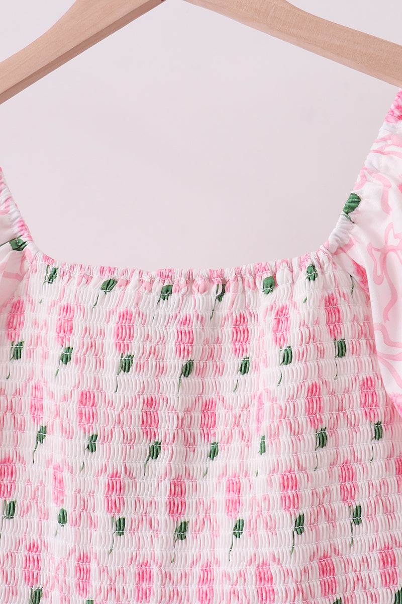 Pink bow hydrangea smocked women dress