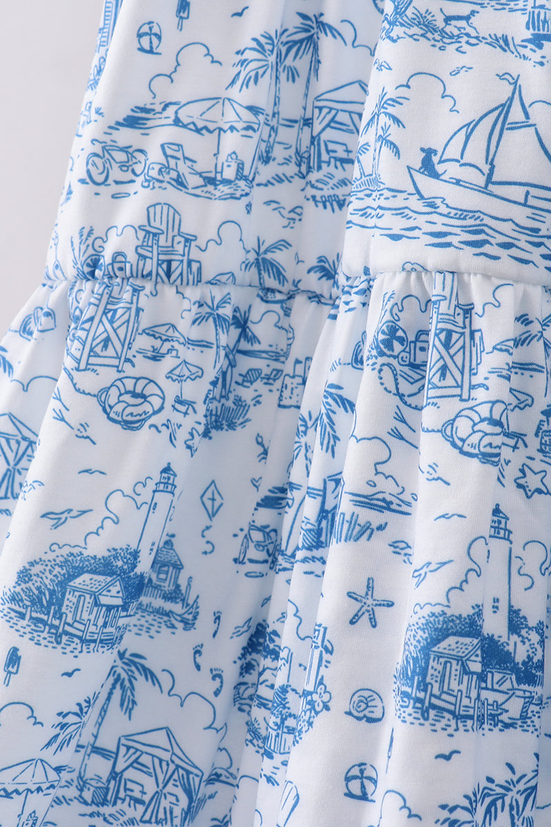 Blue beach sea smocked women dress