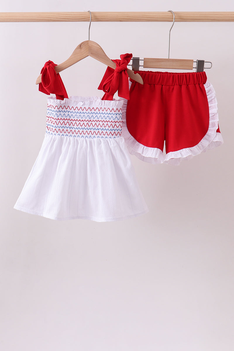 White smocked jacquard ruffle shorts set