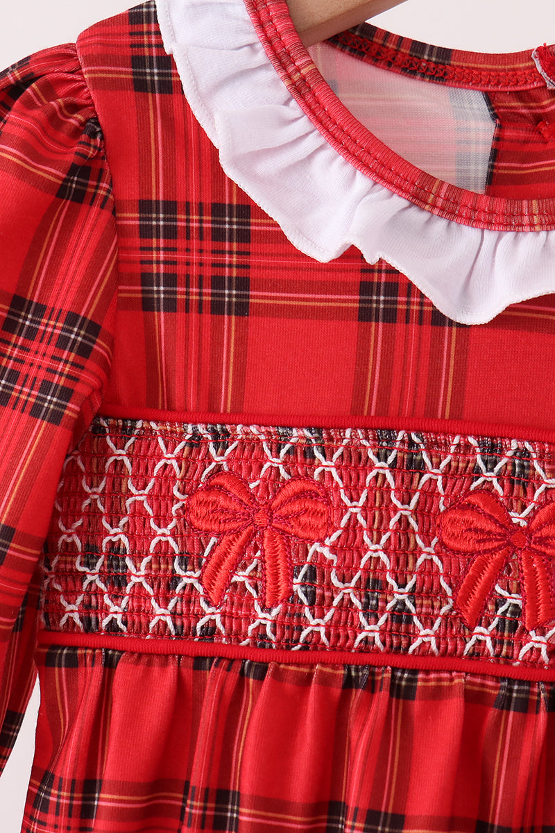 Red Plaid Bow Smocked Ruffe Bubble