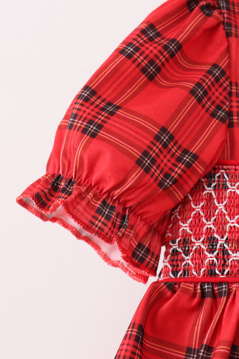 Red Plaid Bow Smocked Ruffe Dress