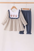 Teal cotton embroidery gingham ruffle pants set