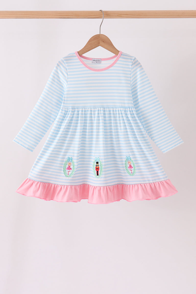 Blue Stripe Nutcracker Embroidery Ruffle Dress