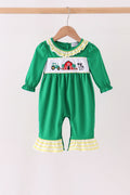 Green Farm Cow Embroidery Ruffle Romper
