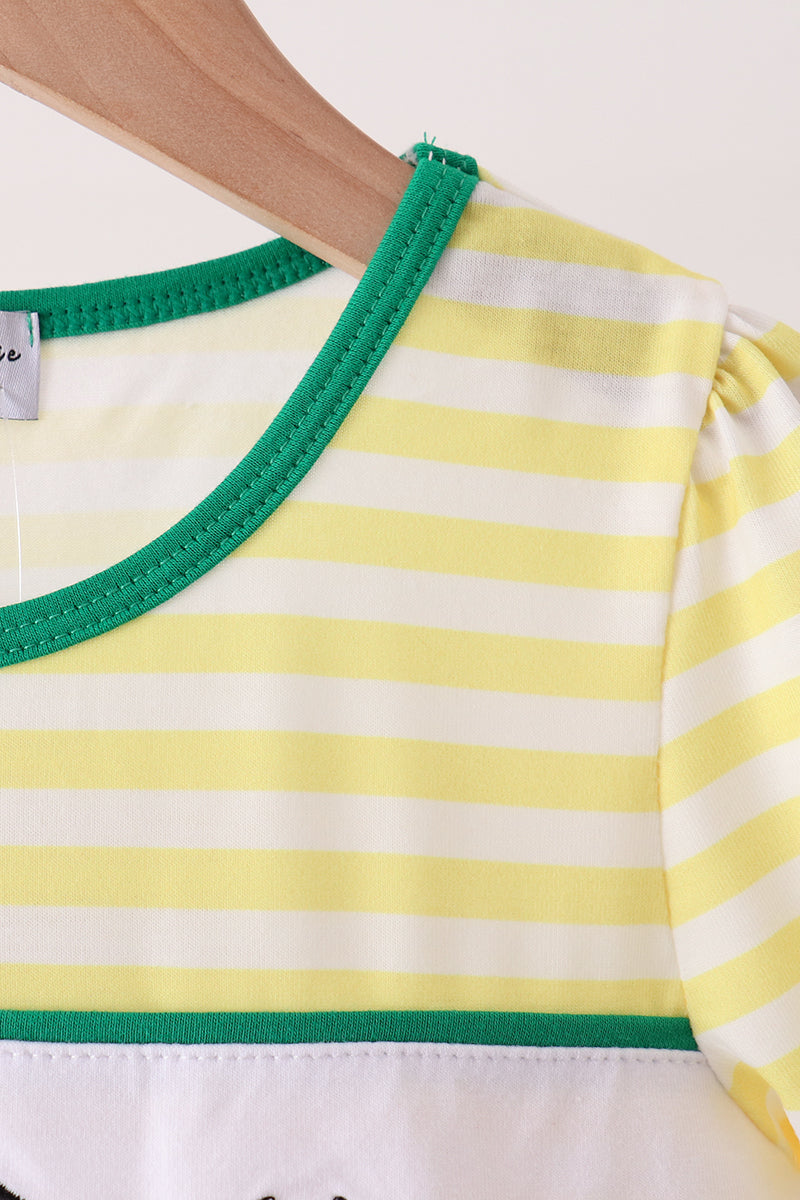 Green Farm Cow Embroidery Stripe  Dress