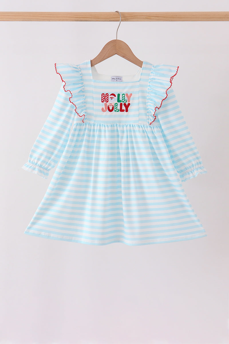 Blue Stripe Holly Jolly Ruffle Dress