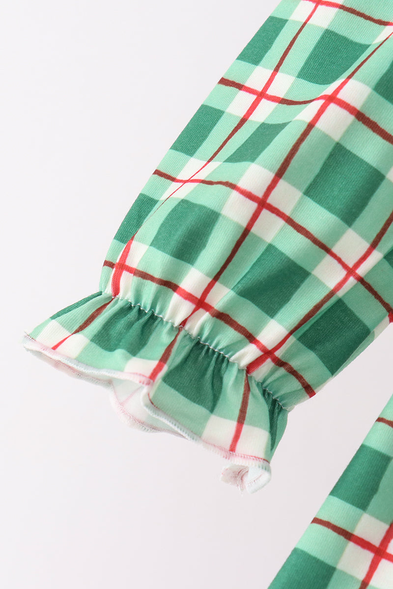 Green Holly Jolly Embroidery Plaid Pants Set