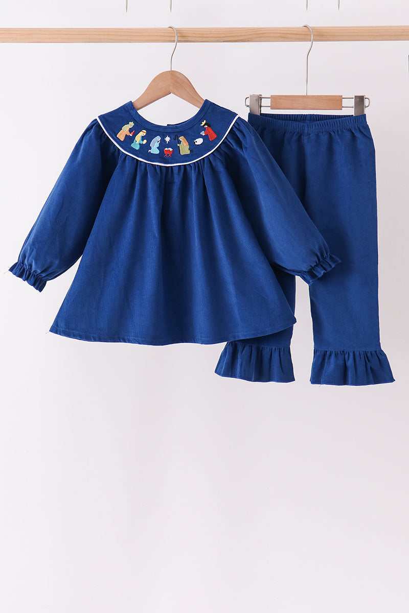 Blue Nativity corduroy Embroidery Ruffle Pants Set