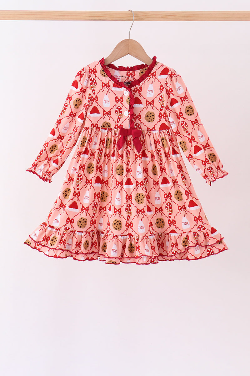 Pink Candy Cane Bow Ruffle Bamboo Dress